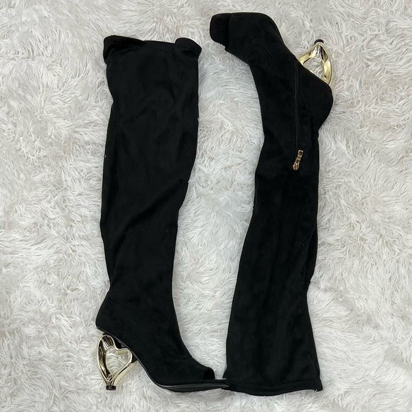 YOKI Over The Knee Stretch Peep Toe Boots Heart Shaped Heel Zip Up Black Size 7 - Picture 5 of 15